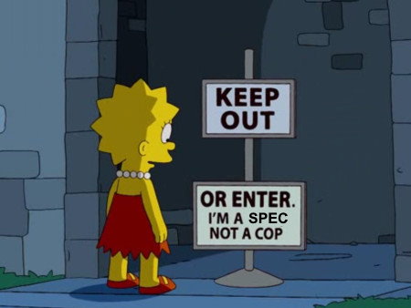 Lisa Simpson looking at a sign that says, "Keep out... or enter. I'm a sign, not a cop"